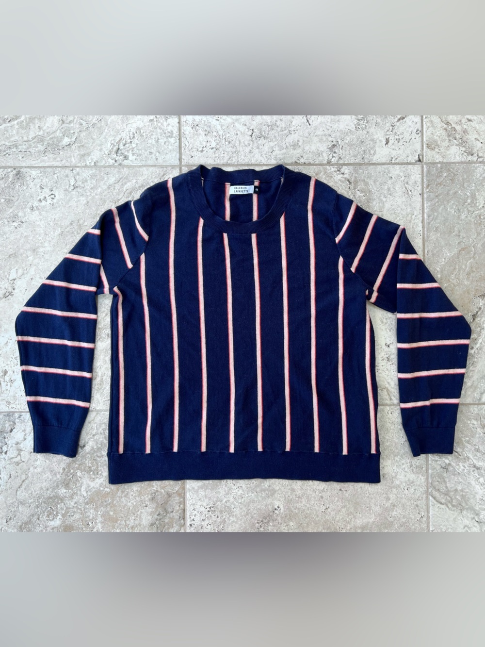 Galeries Lafayette Cashmere Cotton Striped Jumper Sweater in Navy Blue, size L